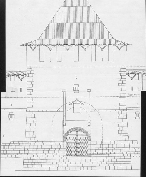 Главный фасад - Реконструкция первоначального облика Зачатской башни. Северный фасад. (Арх. И.С. Агафонова)