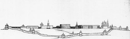 Панорама кремля со стороны Волги. Проектное предложение НИП «Этнос» (2001 г.), иллюстрирующее принцип градостроительной реставрации и зеркальной симметрии