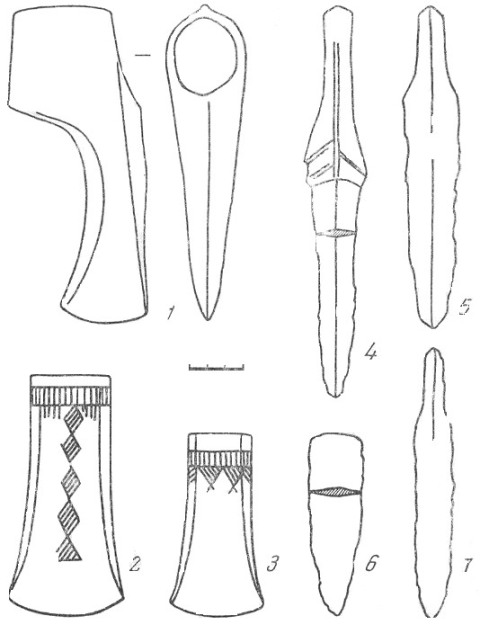 Бронзовый топор (1), кельты (2,3) и ножи (4-7) из Сейминского мо-гильника.