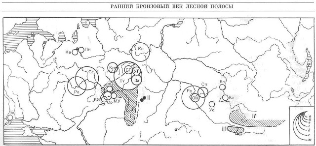 Карта распространения основных, малых и условных могильников сейминско-турбинского типа и районы древнего горного дня, связанные с сейминско-турбинской металлургией.
