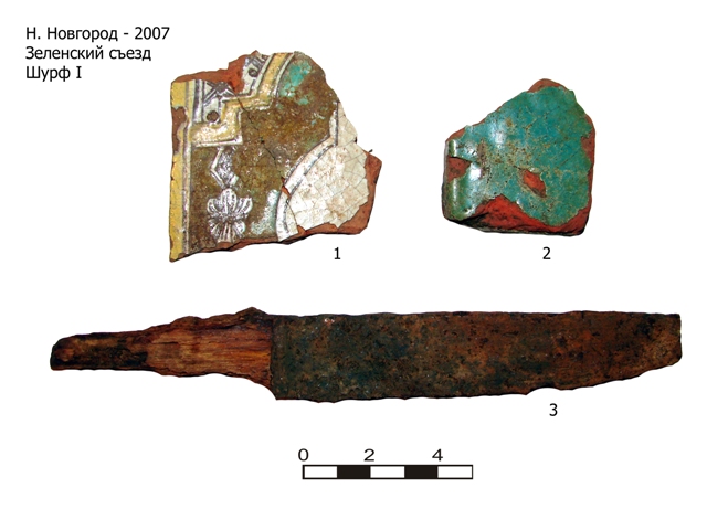 1 – фрагмент печного красноглиняного рельефного полихромного изразца (№ 13); 2 – фрагмент красноглиняной кровельной черепицы с бирюзовой поливой (№ 14); 3 – железный нож с фрагментом деревянной рукояти (№ 12).