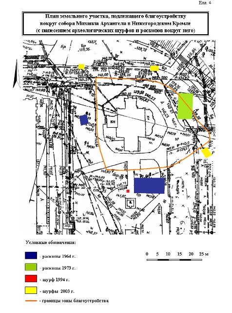 План земельного участка, подлежащего благоустройству вокруг собора Михаила Архангела в Нижегородском Кремле (с нанесением археологических шурфов и раскопов вокруг него).