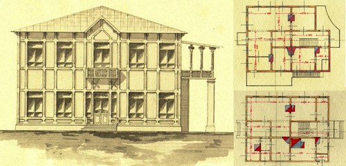 Здание конторы. Фасад, планы 1 и 2 этажей, фиксационные чертежи 1926 г. ЦАНО. Ф. 1679. Оп. 4. Д. 41.