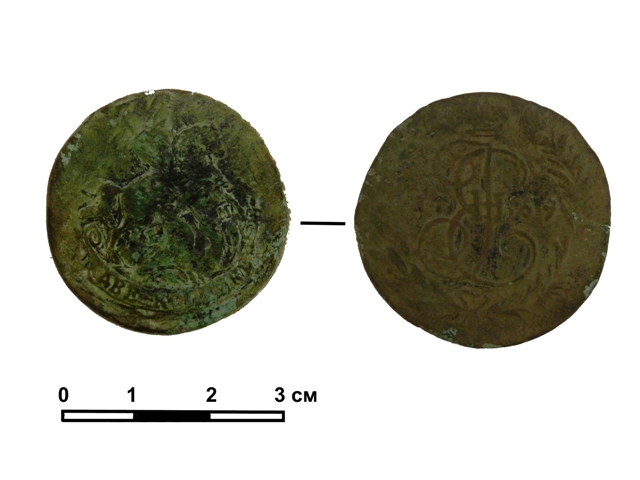 Монета медная, 2 копейки, 1769 г. (№ 1) (слой мусора)