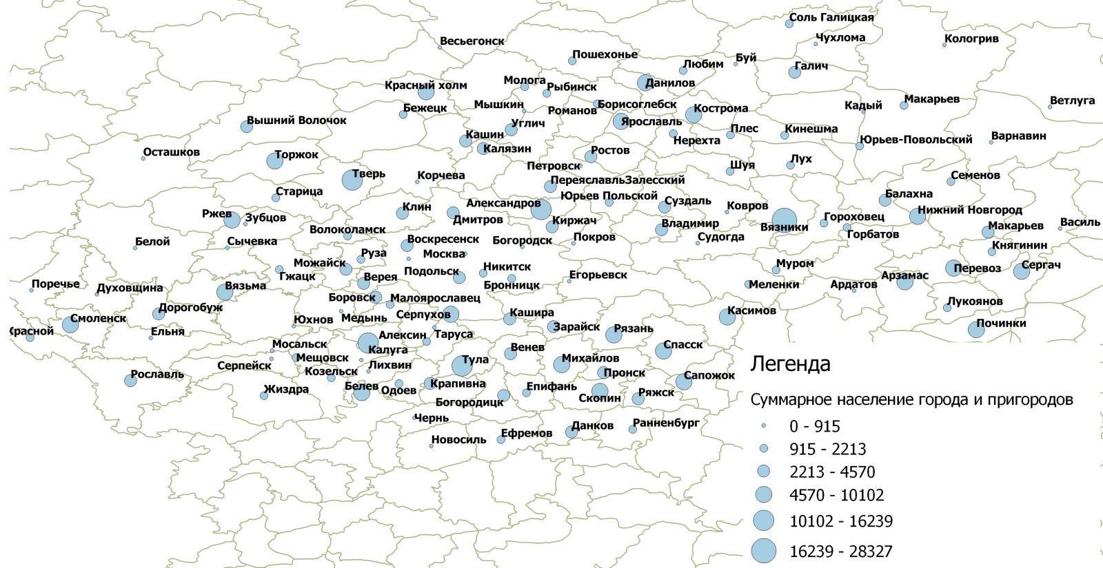 Общее население городов Центральной России в конце XVIII – начале XIX в. с пригородами (ревизских душ обоего пола)