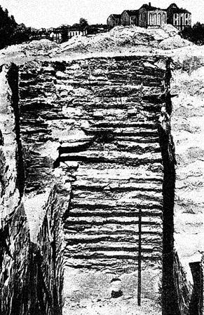 на черно-белой фотографии – внутривальная бревенчатая конструкция дерево-земляных укреплений древнего Киева