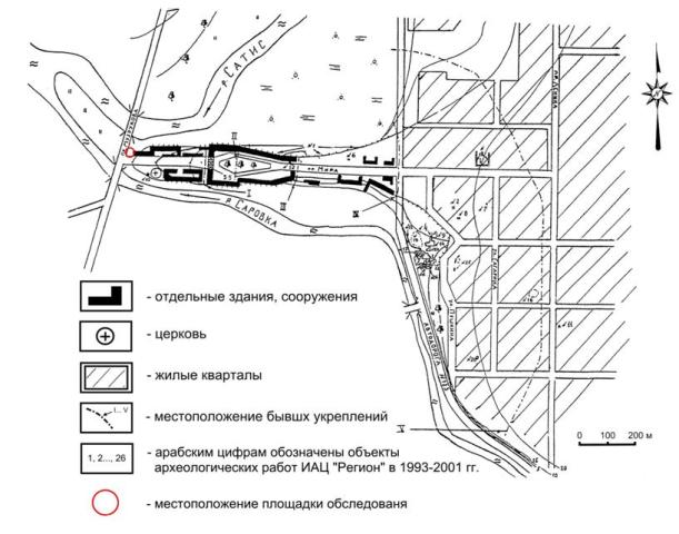 План Саровского городища (по Н.Н. Грибову) с указанием местоположения 