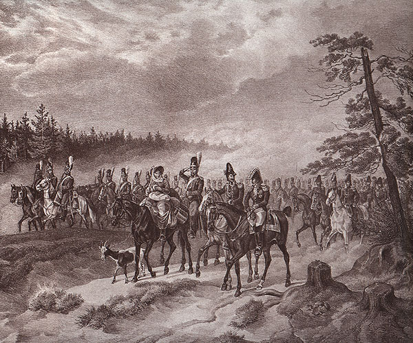 «По дороге на Вязьму. 20 августа 1812 г.» Литография П.Лакруа по рисунку А.Адама. 1828 г.