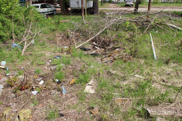 Заваленный мусором погреб от снесенных сараев на внутридворовой территории к юго-западу от дома № 28 по ул. Героя Давыдова. Вид с запада