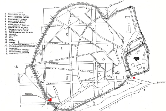 Схема расположения раскопов в г.Кирове на ул.Дрелевского, 9а (раскоп 1) и на территории парка «Аполло» (раскоп 2) на плане городских креплений г. Хлынова по состоянию на 1679 г.